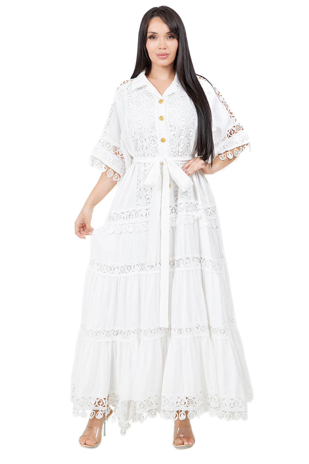 WOMEN FASHION LACE TRIM LONG MAXI DRESS