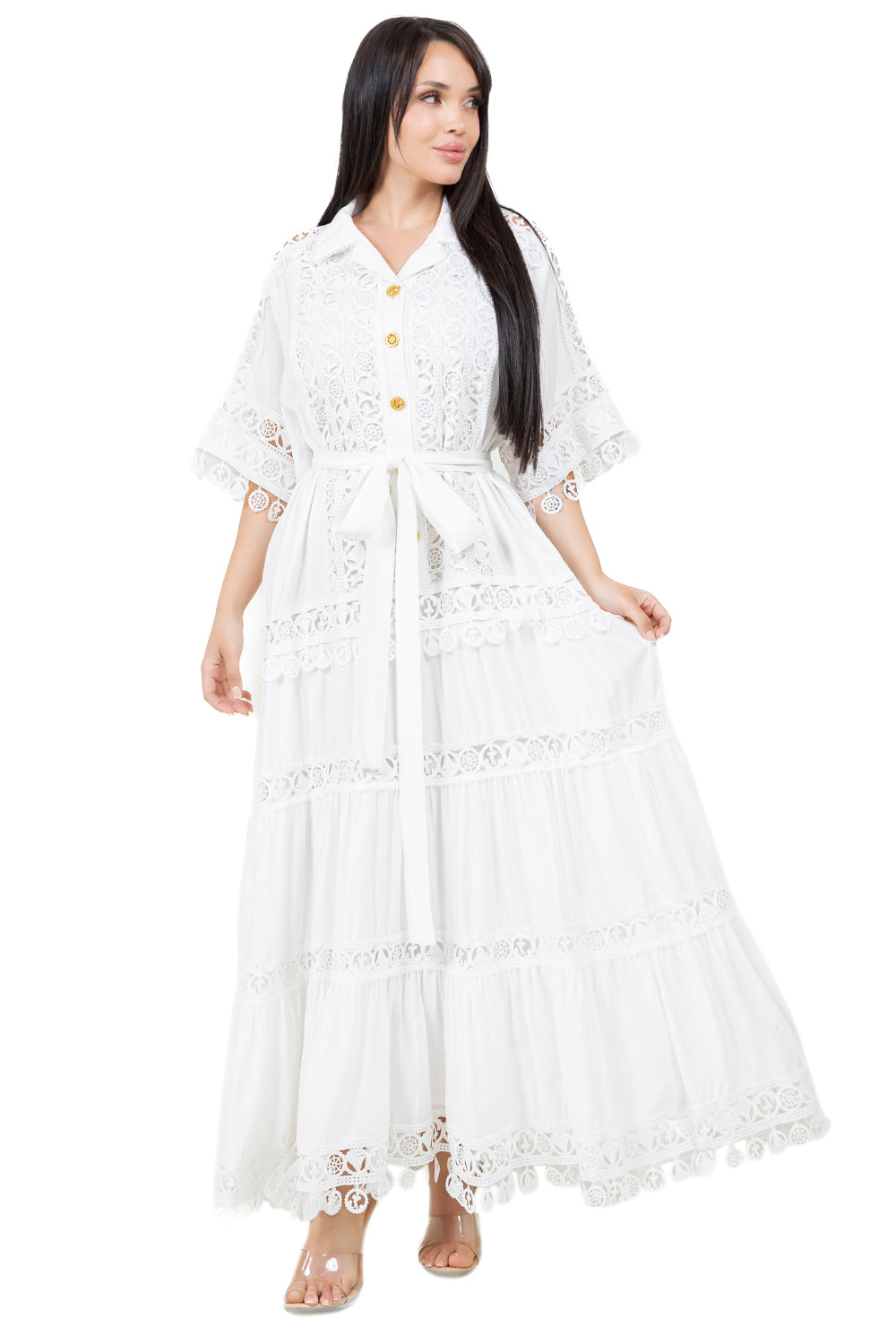 WOMEN FASHION LACE TRIM LONG MAXI DRESS