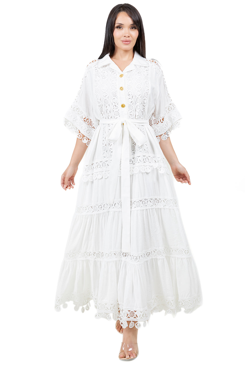 WOMEN FASHION LACE TRIM LONG MAXI DRESS
