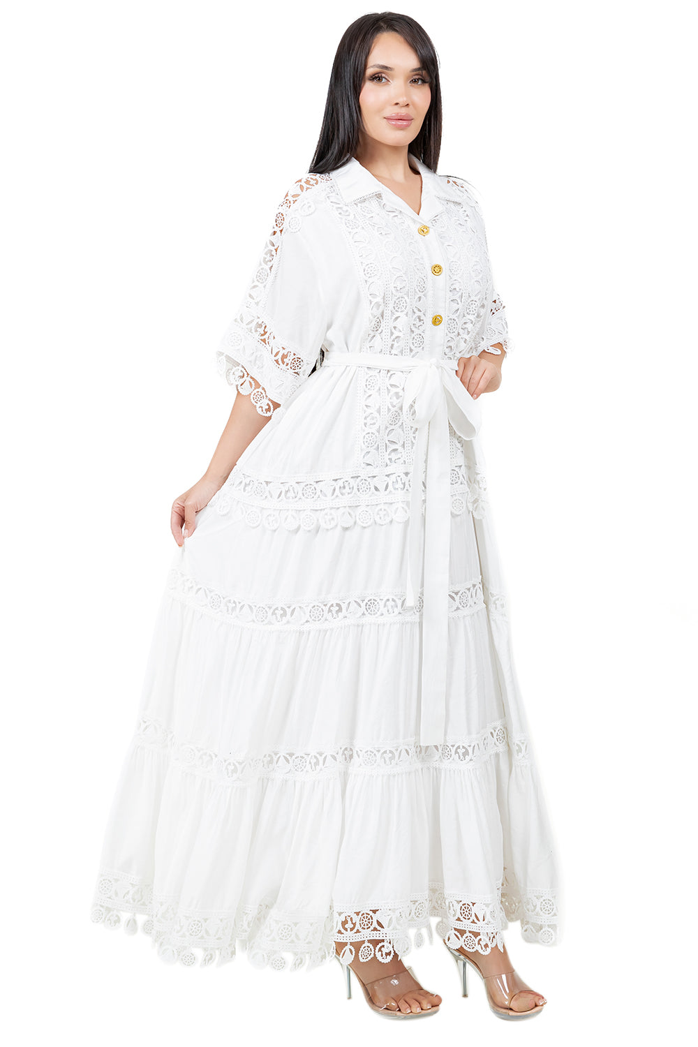 WOMEN FASHION LACE TRIM LONG MAXI DRESS