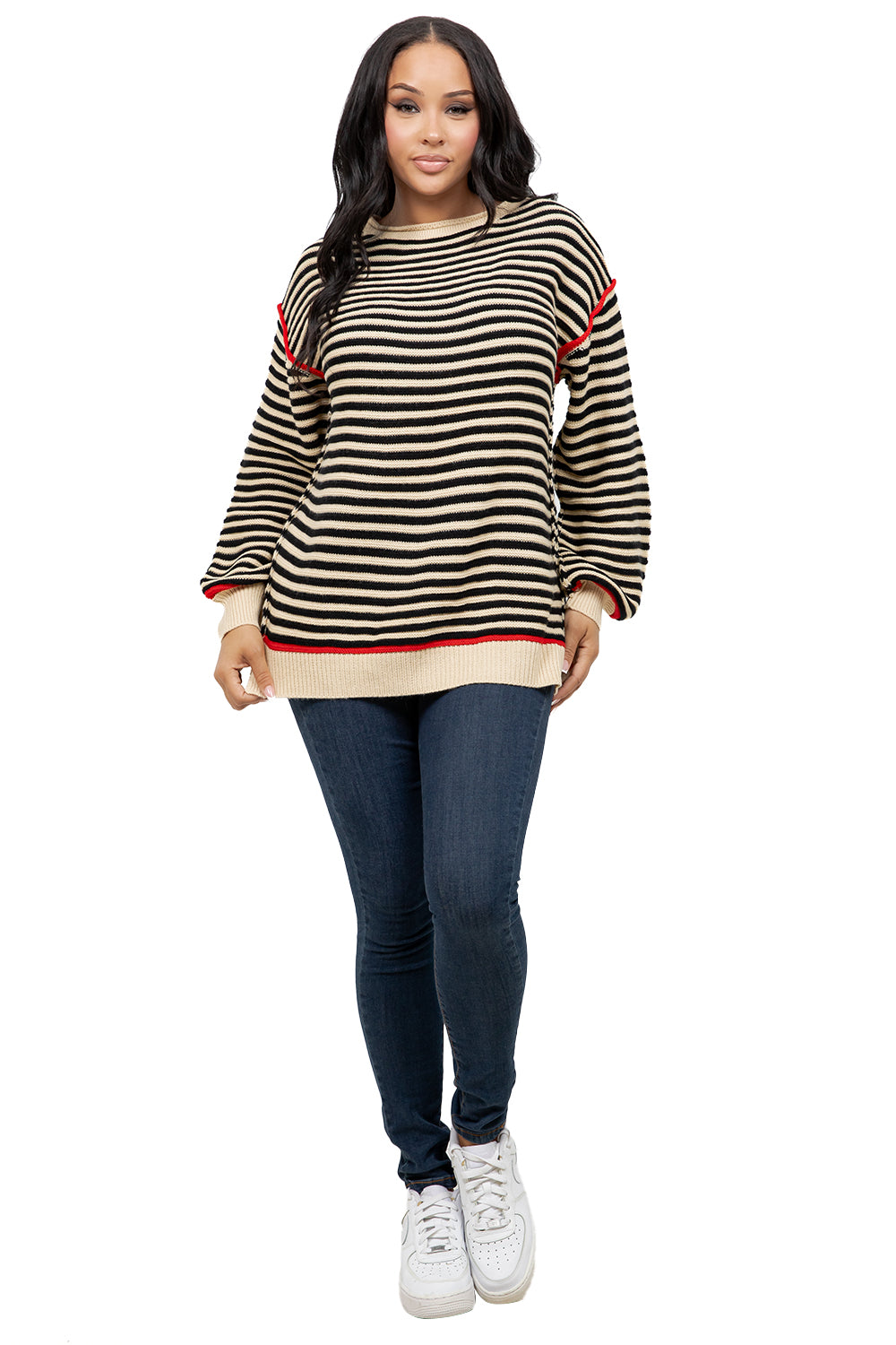WOMEN FASHION CREW NECK STRIPE SWEATER