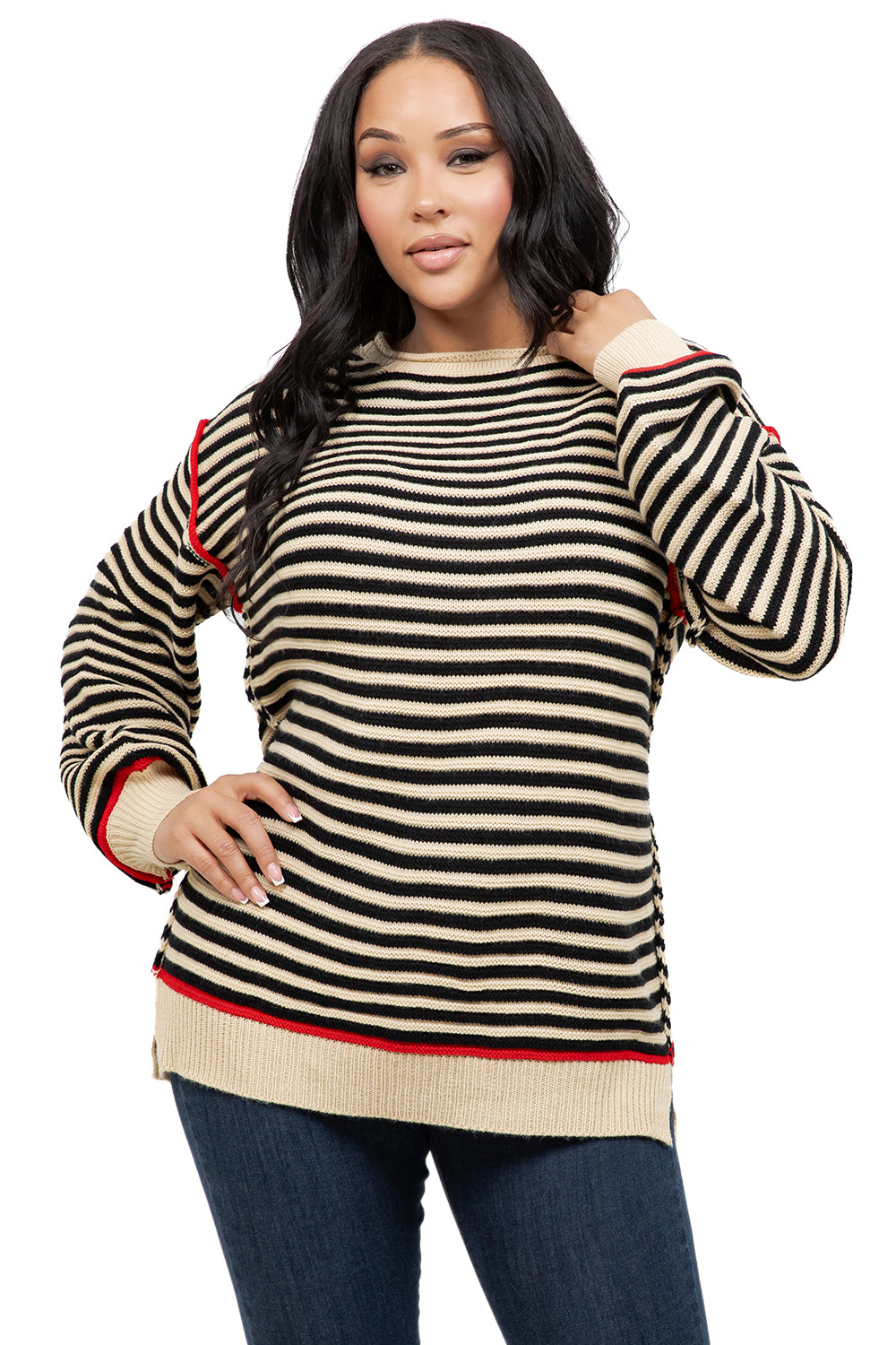 WOMEN FASHION CREW NECK STRIPE SWEATER