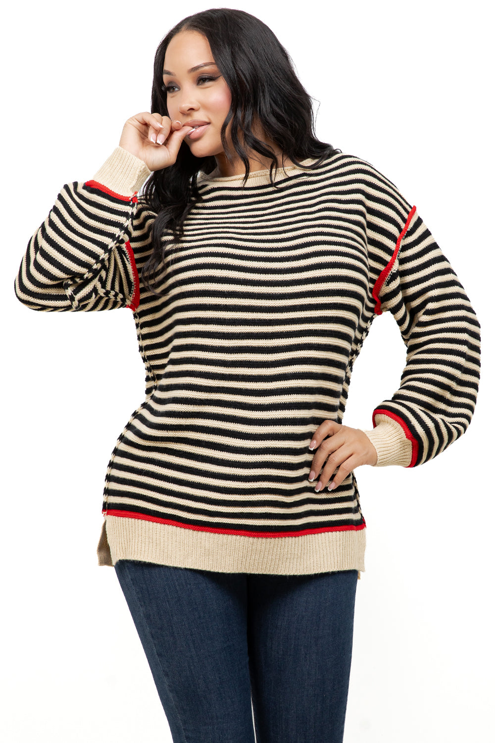 WOMEN FASHION CREW NECK STRIPE SWEATER
