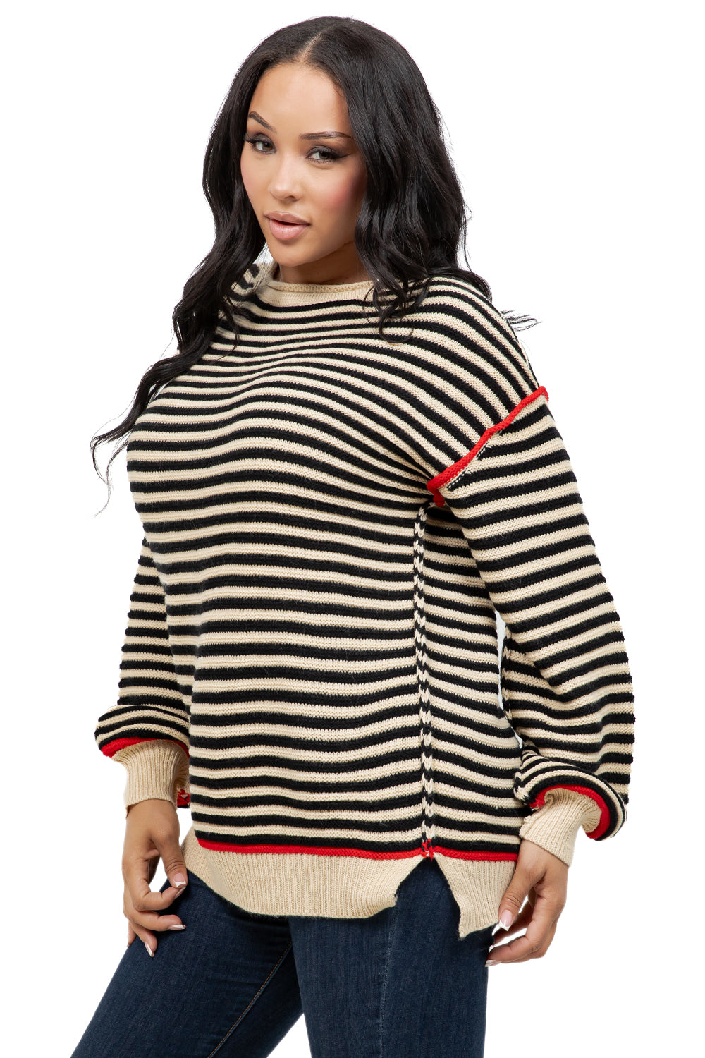 WOMEN FASHION CREW NECK STRIPE SWEATER
