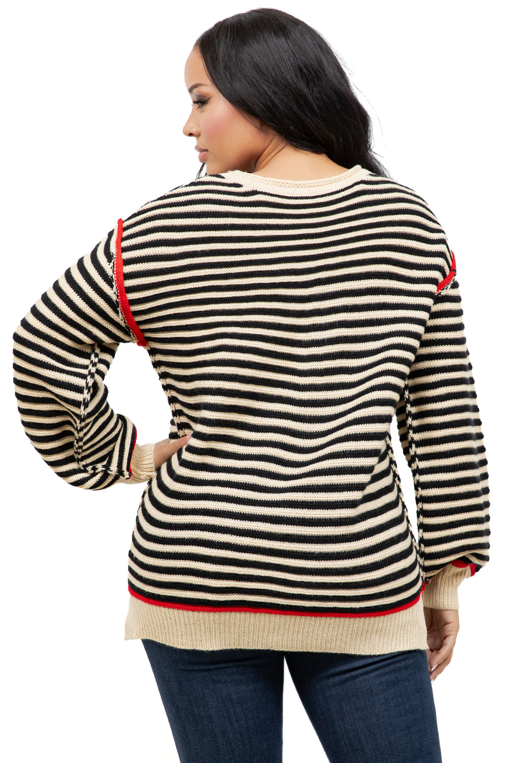 WOMEN FASHION CREW NECK STRIPE SWEATER
