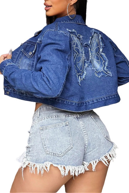 WOMEN FASHION DENIM CROP TRUCKER JACKET