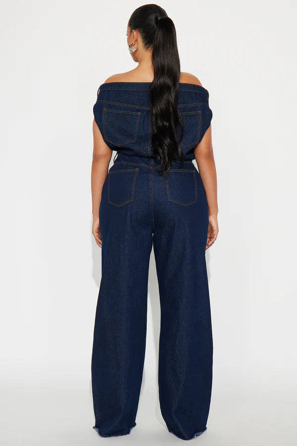 WOMEN FASHION DENIM OFF SHOULDER JUMPSUIT