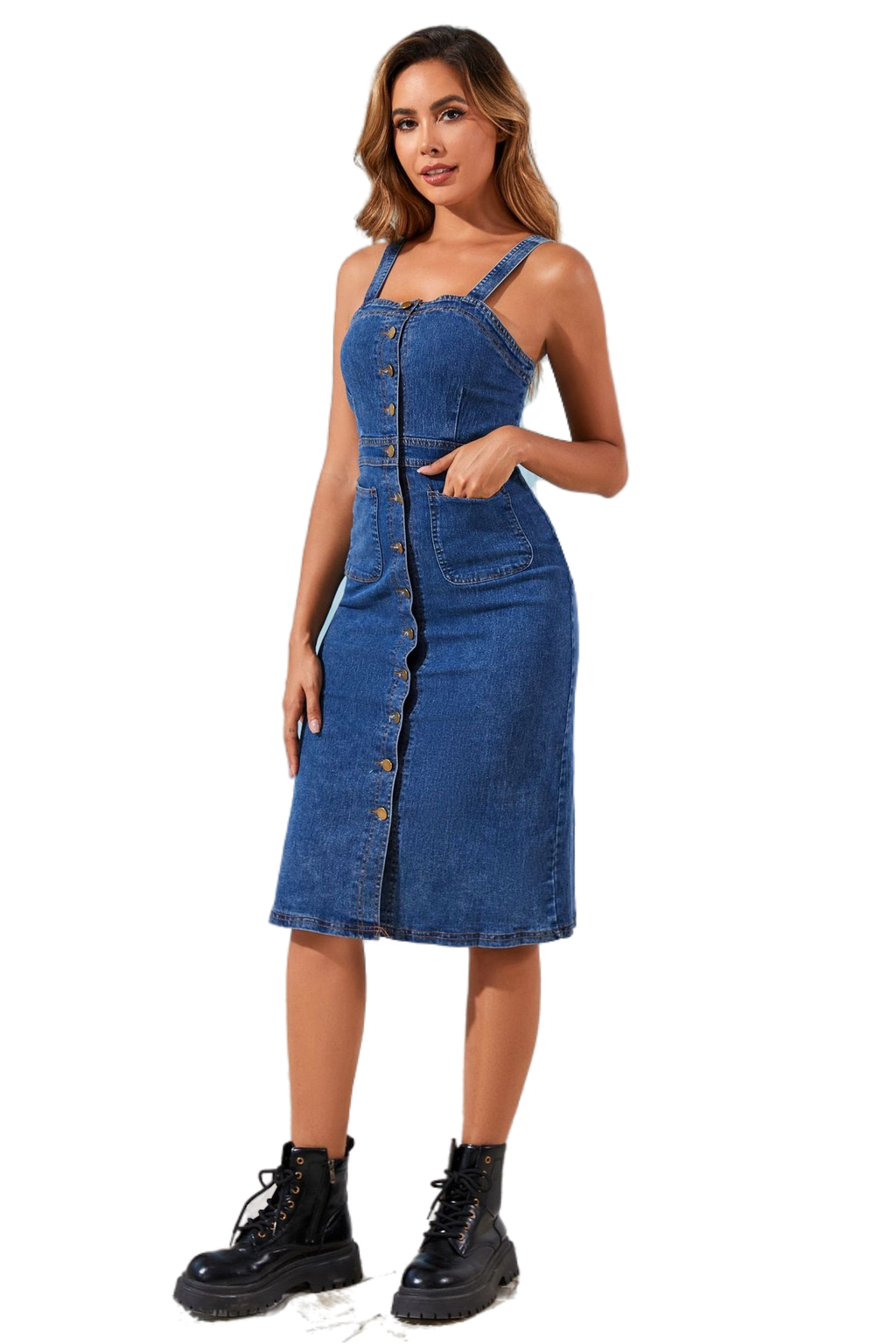 WOMEN FASHION SLEEVELESS DENIM MIDI DRESS