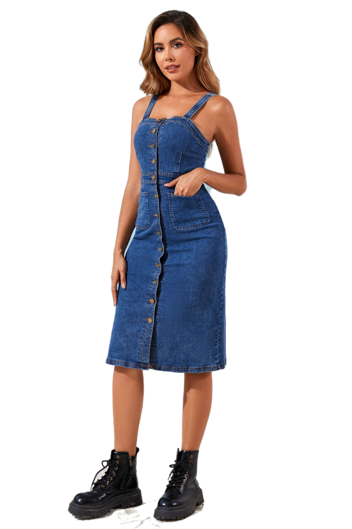 WOMEN FASHION SLEEVELESS DENIM MIDI DRESS