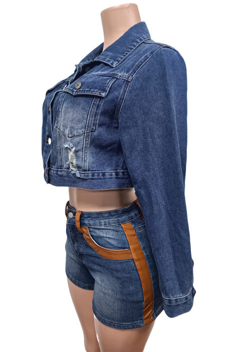 WOMEN FASHION DENIM CROP TRUCKER JACKET