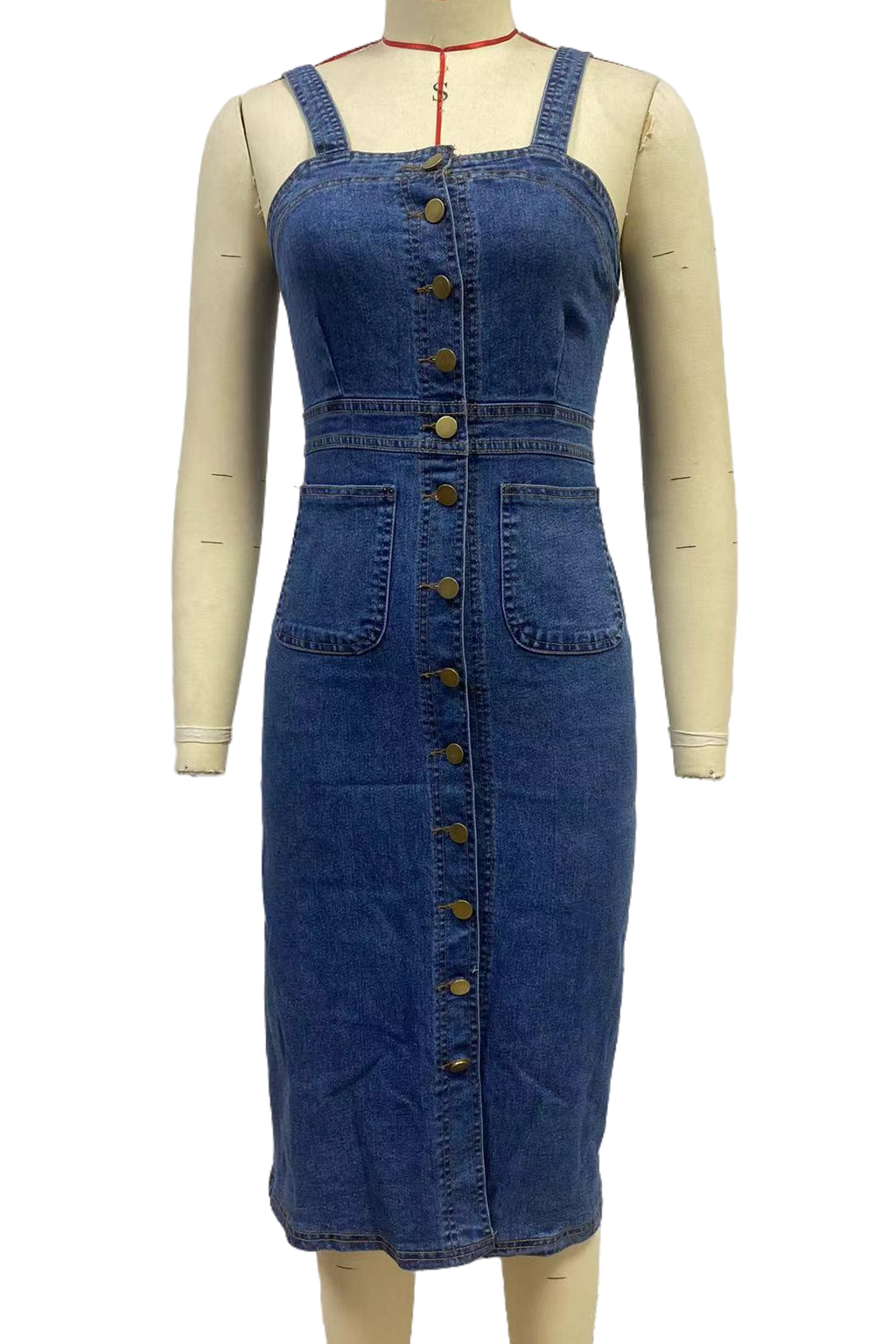 WOMEN FASHION SLEEVELESS DENIM MIDI DRESS