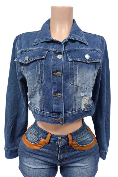 WOMEN FASHION DENIM CROP TRUCKER JACKET
