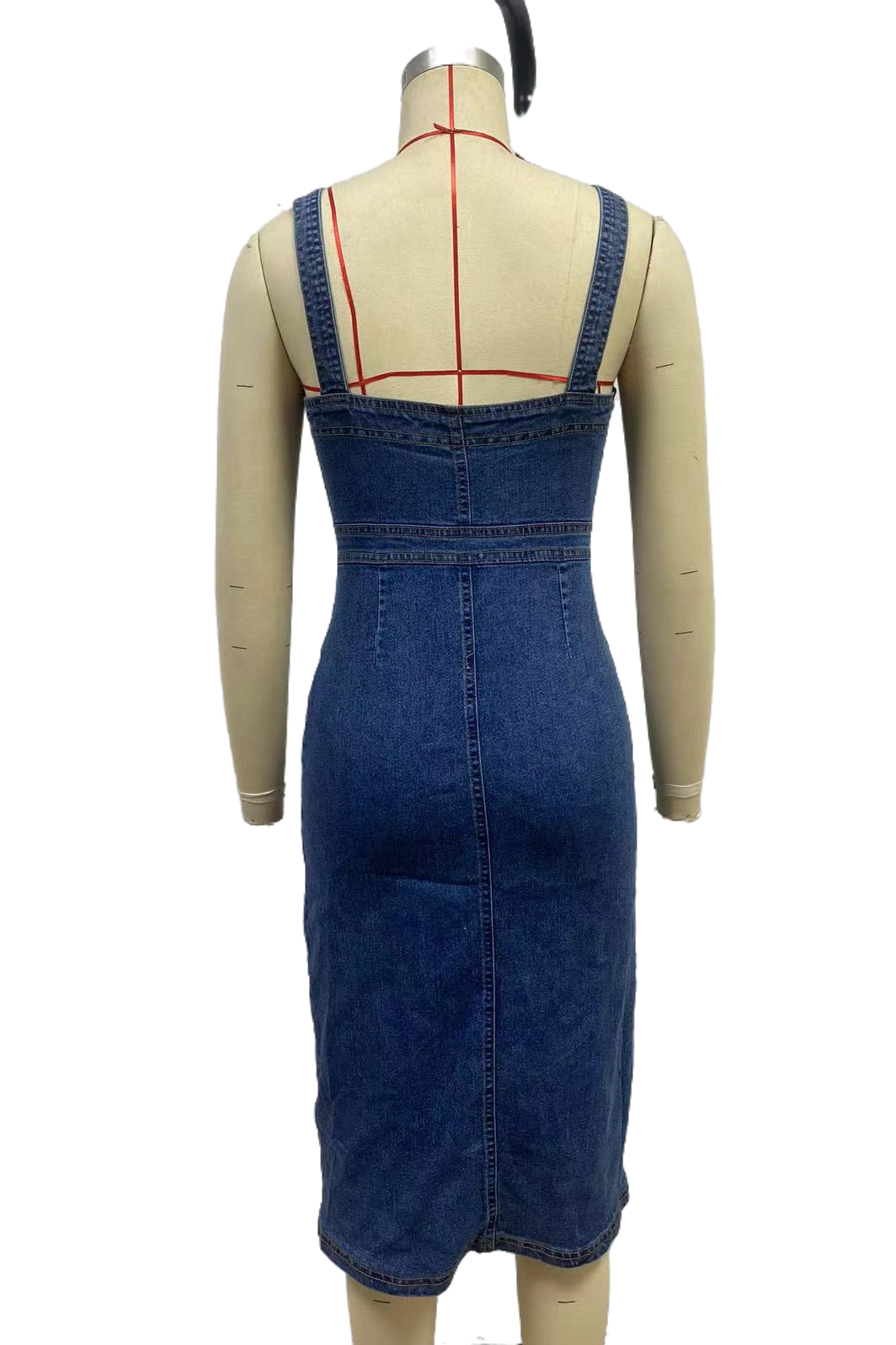 WOMEN FASHION SLEEVELESS DENIM MIDI DRESS