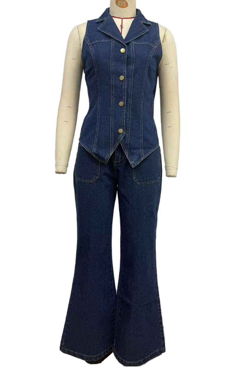 WOMEN FASHION DENIM TWO PIECE VEST AND JEANS SET