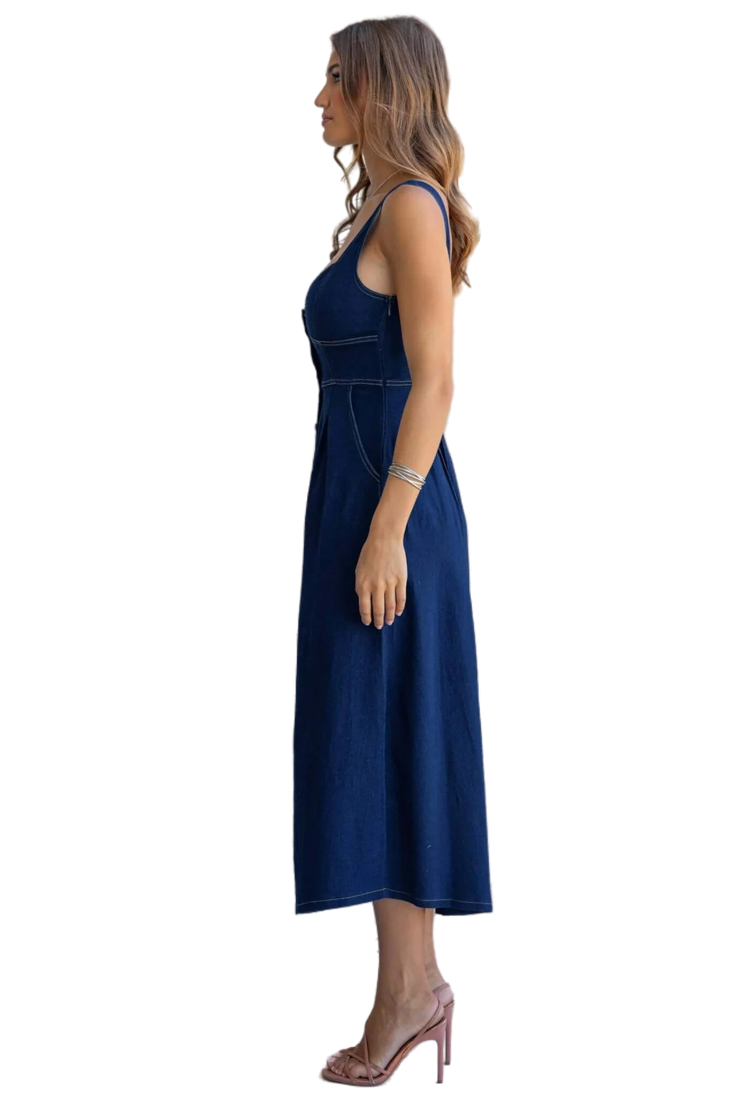 WOMEN FASHION BELTED BUSTIER DENIM LONG MAXI DRESS