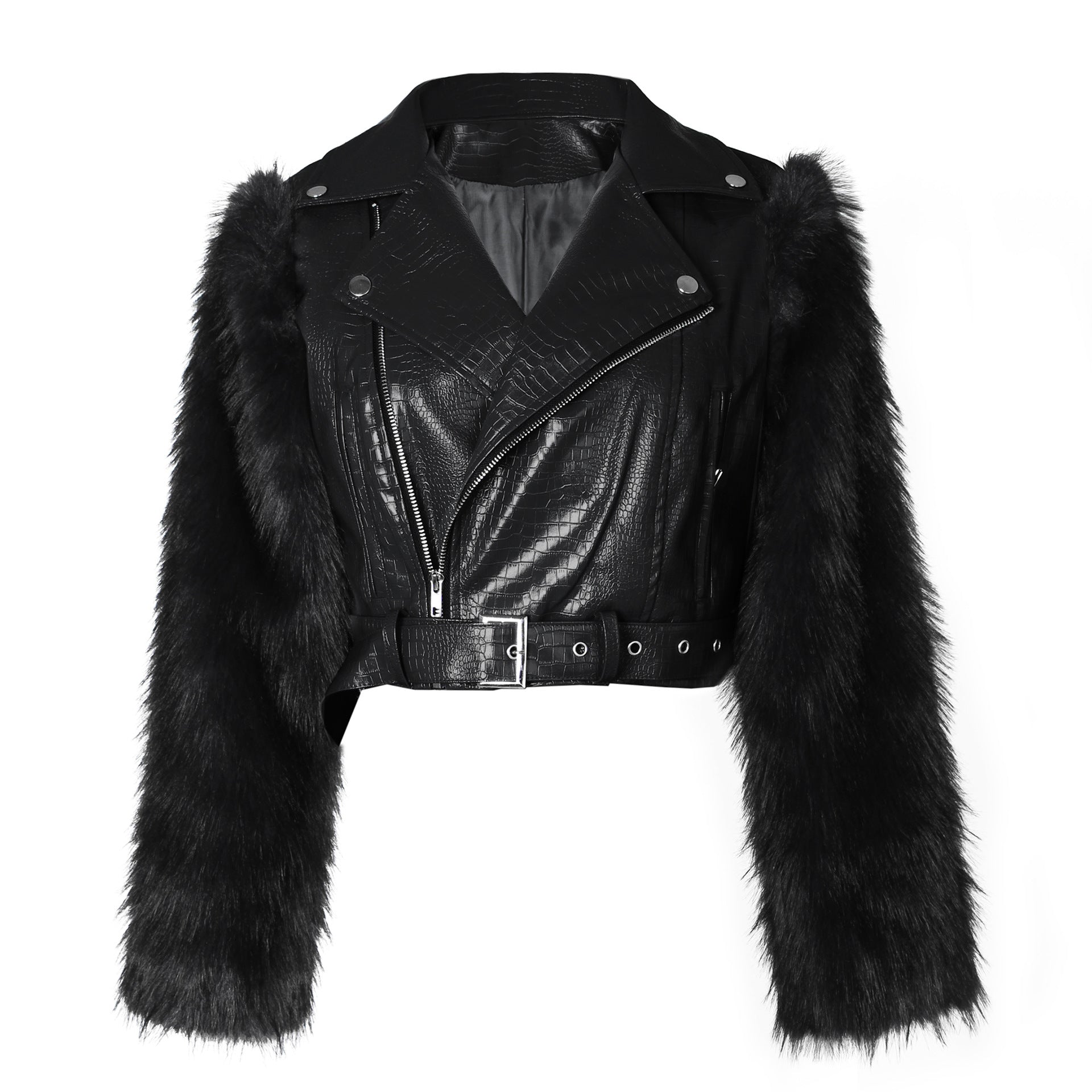WOMEN SEXY PU LEATHER FAUX FUR JACKET