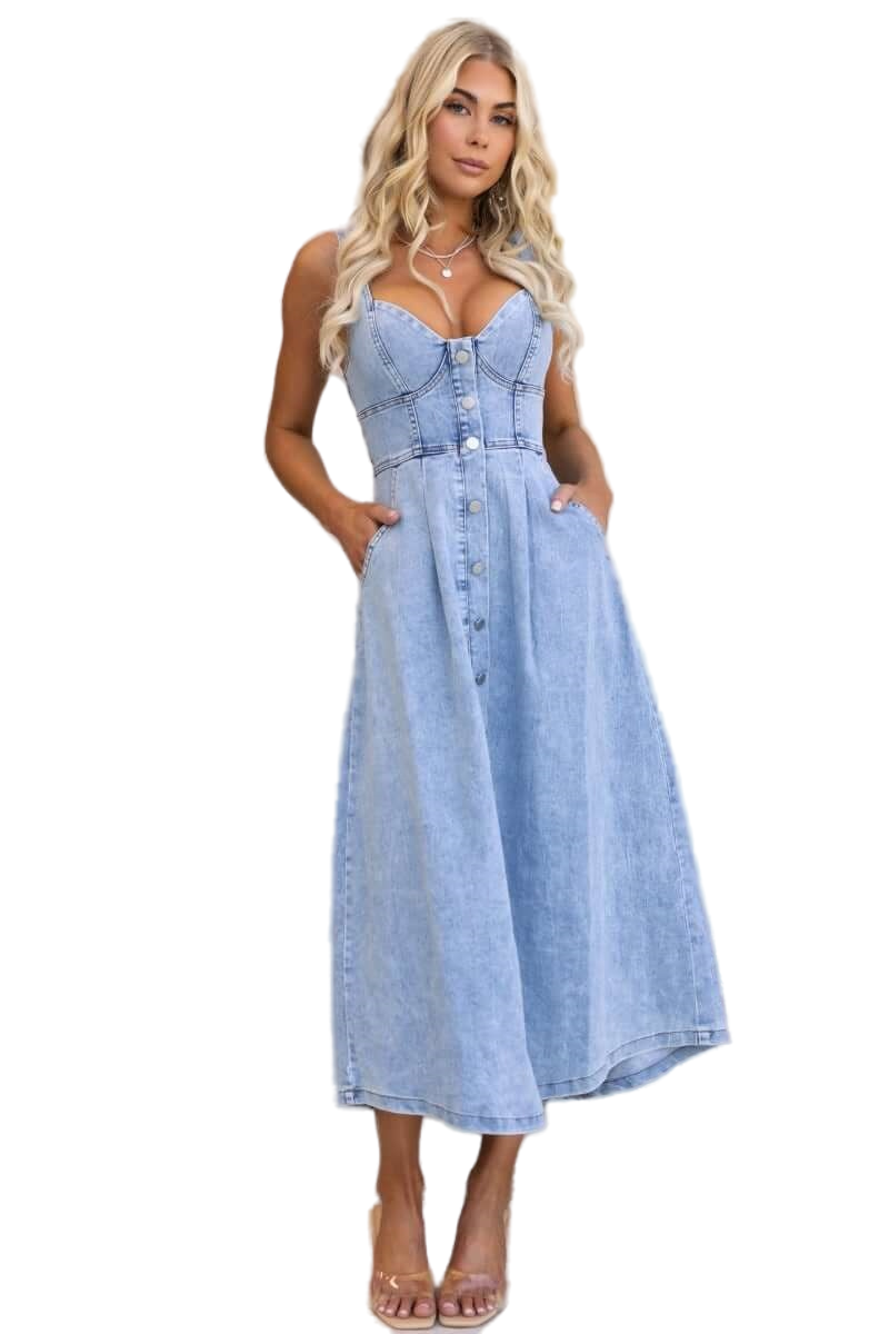 WOMEN FASHION BELTED BUSTIER DENIM LONG MAXI DRESS