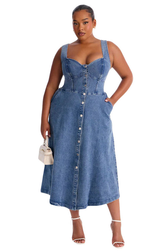 WOMEN FASHION SLEEVELESS DENIM MIDI DRESS