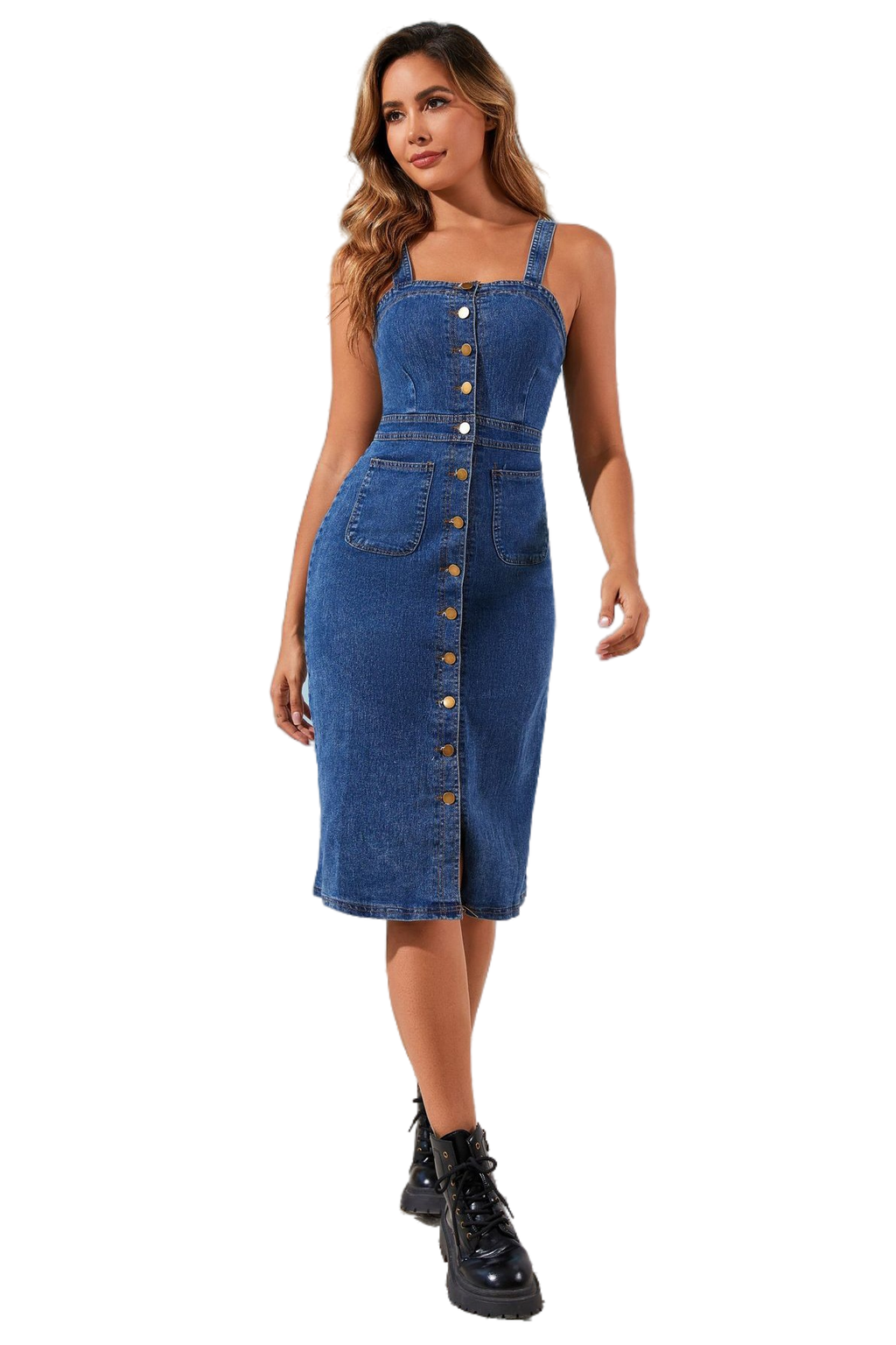 WOMEN FASHION SLEEVELESS DENIM MIDI DRESS