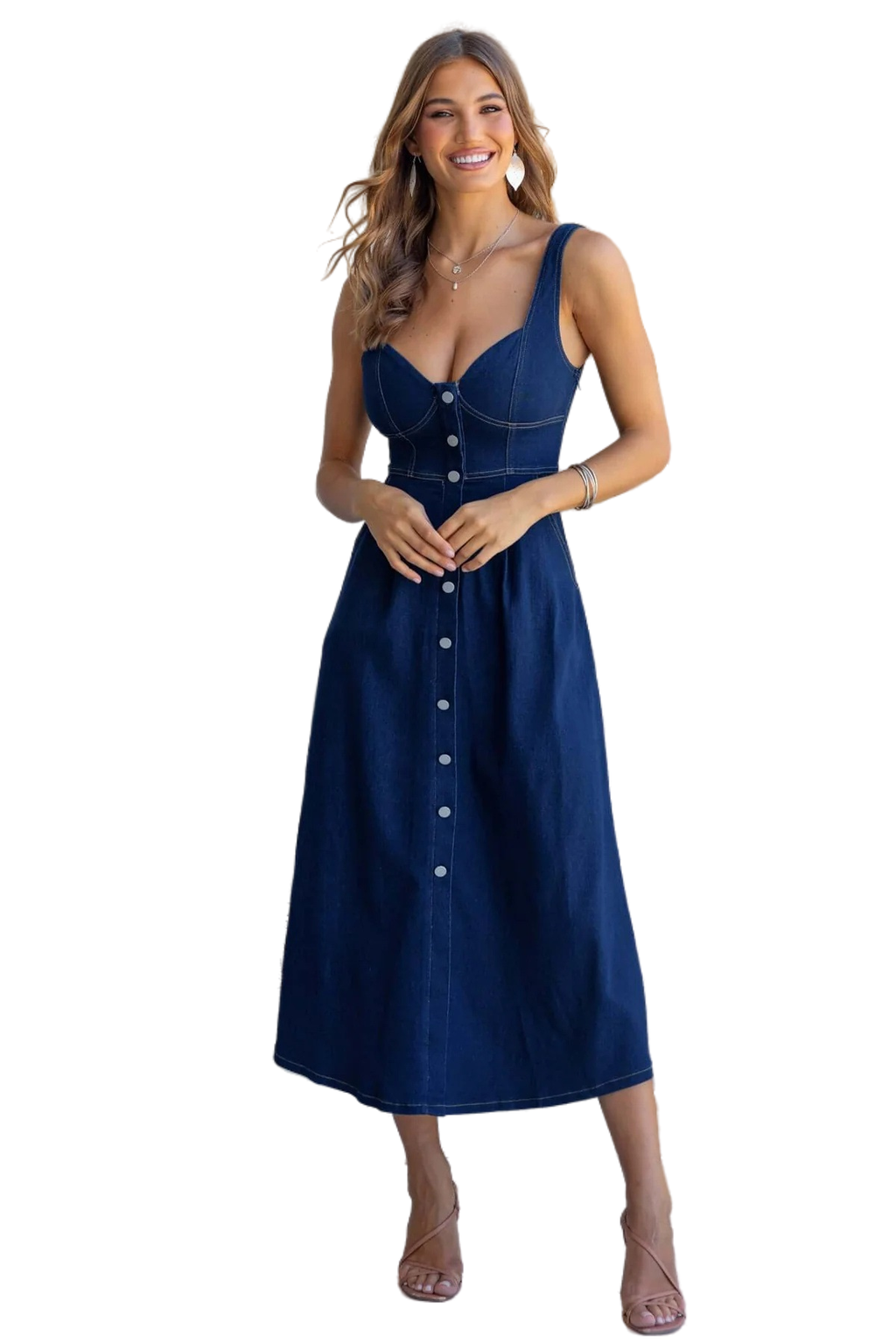 WOMEN FASHION BELTED BUSTIER DENIM LONG MAXI DRESS