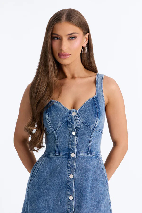 WOMEN FASHION SLEEVELESS DENIM MIDI DRESS
