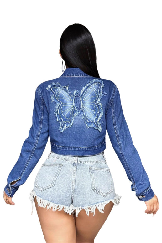 WOMEN FASHION DENIM CROP TRUCKER JACKET
