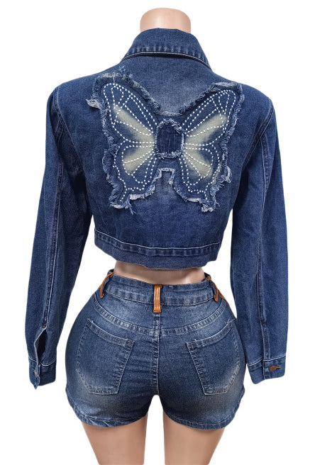 WOMEN FASHION DENIM CROP TRUCKER JACKET