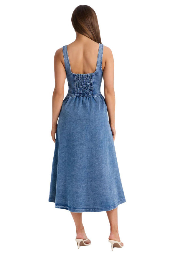 WOMEN FASHION SLEEVELESS DENIM MIDI DRESS