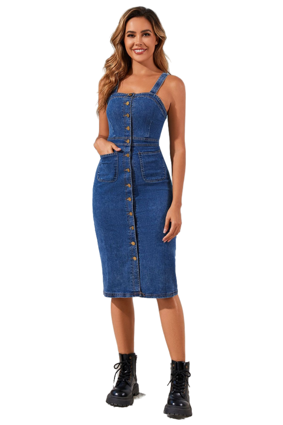WOMEN FASHION SLEEVELESS DENIM MIDI DRESS