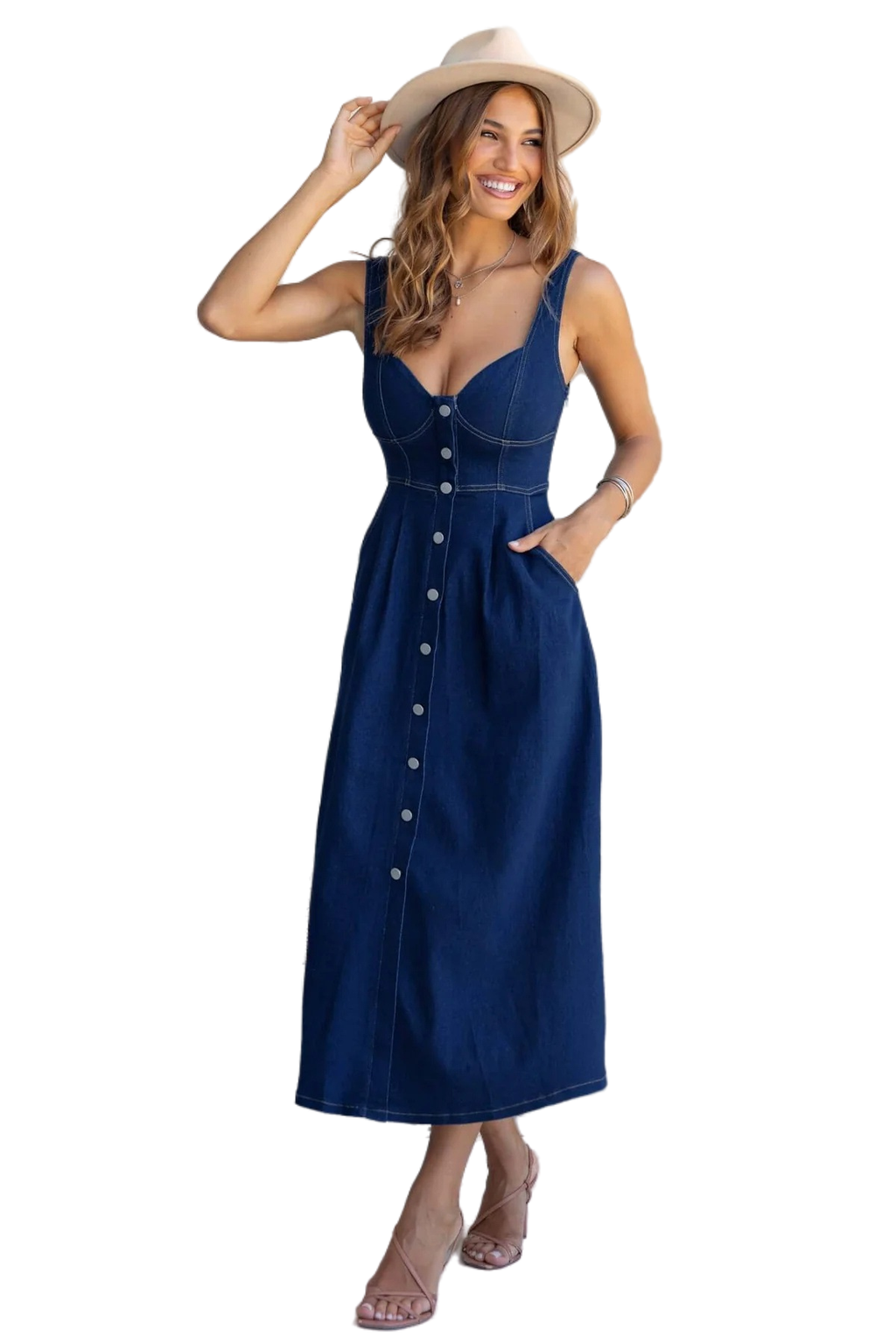 WOMEN FASHION BELTED BUSTIER DENIM LONG MAXI DRESS