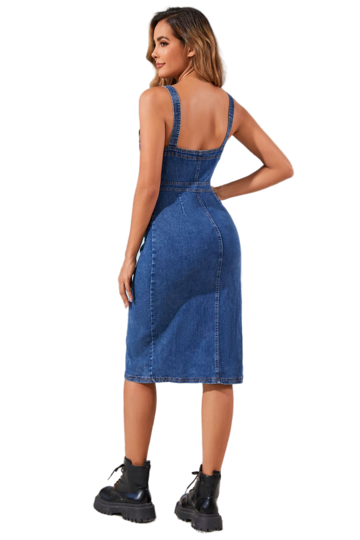 WOMEN FASHION SLEEVELESS DENIM MIDI DRESS