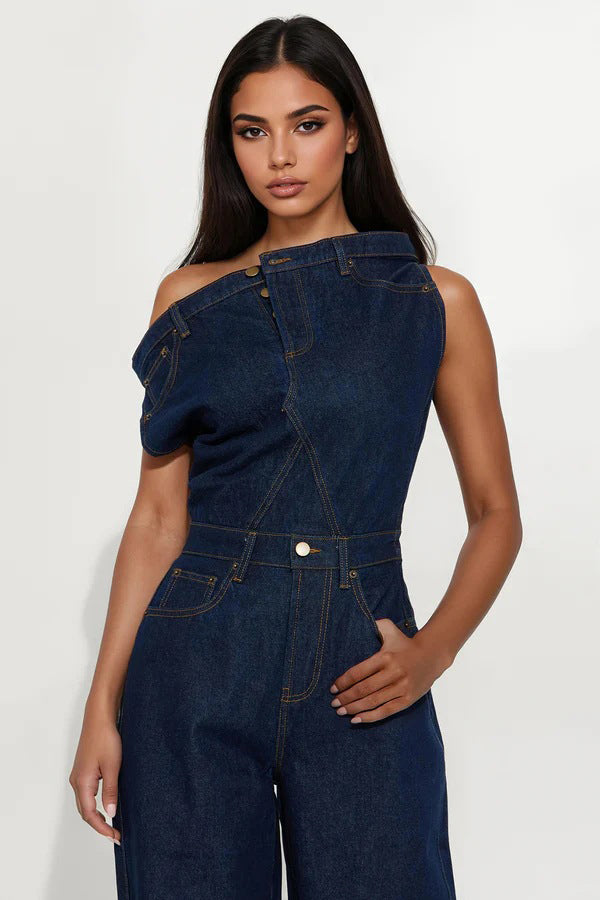 WOMEN FASHION DENIM OFF SHOULDER JUMPSUIT