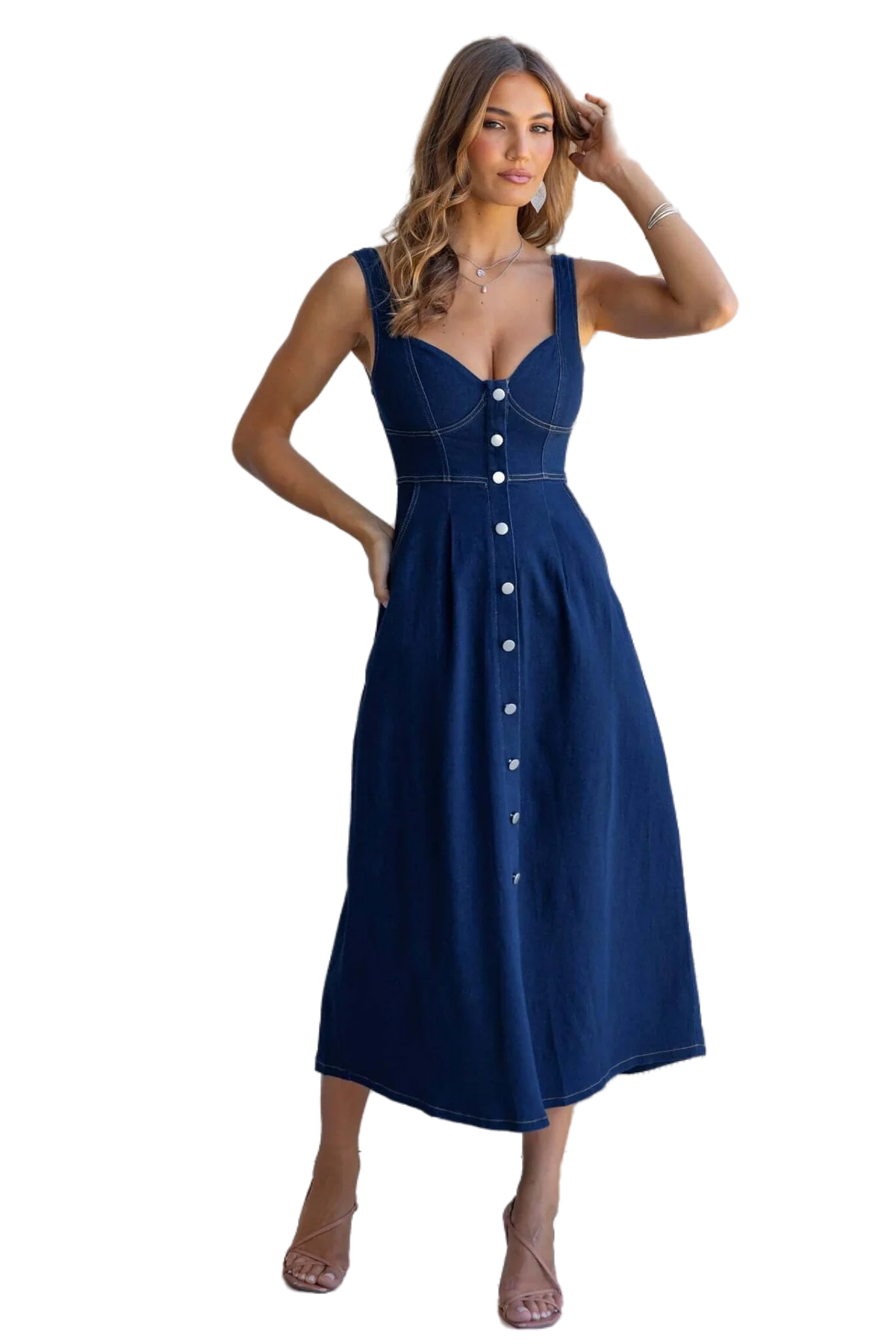 WOMEN FASHION BELTED BUSTIER DENIM LONG MAXI DRESS