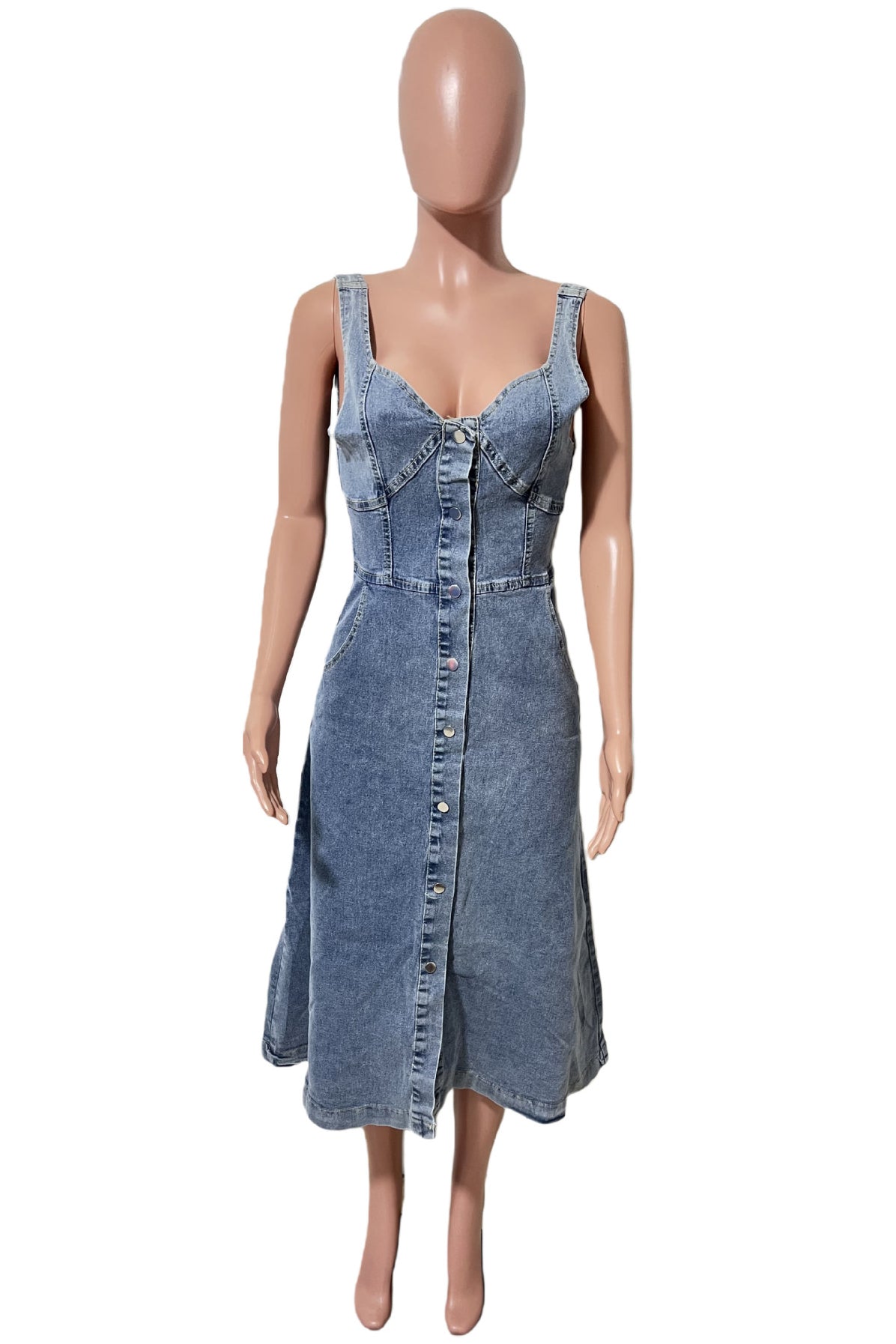 WOMEN FASHION SLEEVELESS DENIM MIDI DRESS