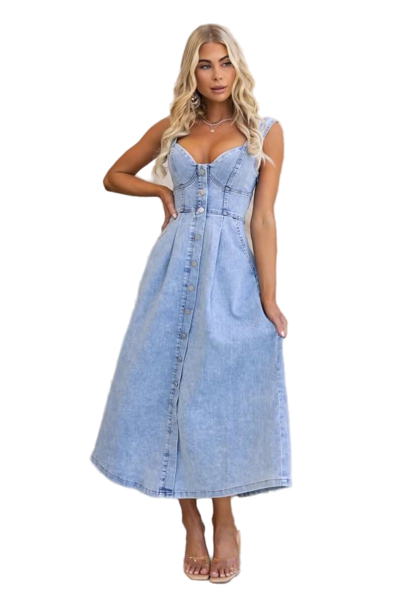 WOMEN FASHION BELTED BUSTIER DENIM LONG MAXI DRESS