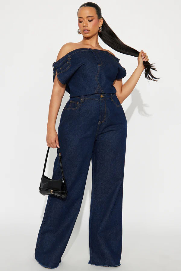 WOMEN FASHION DENIM OFF SHOULDER JUMPSUIT