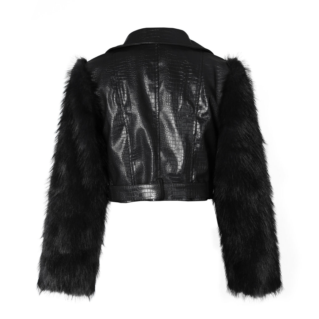 WOMEN SEXY PU LEATHER FAUX FUR JACKET
