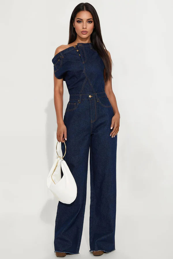 WOMEN FASHION DENIM OFF SHOULDER JUMPSUIT