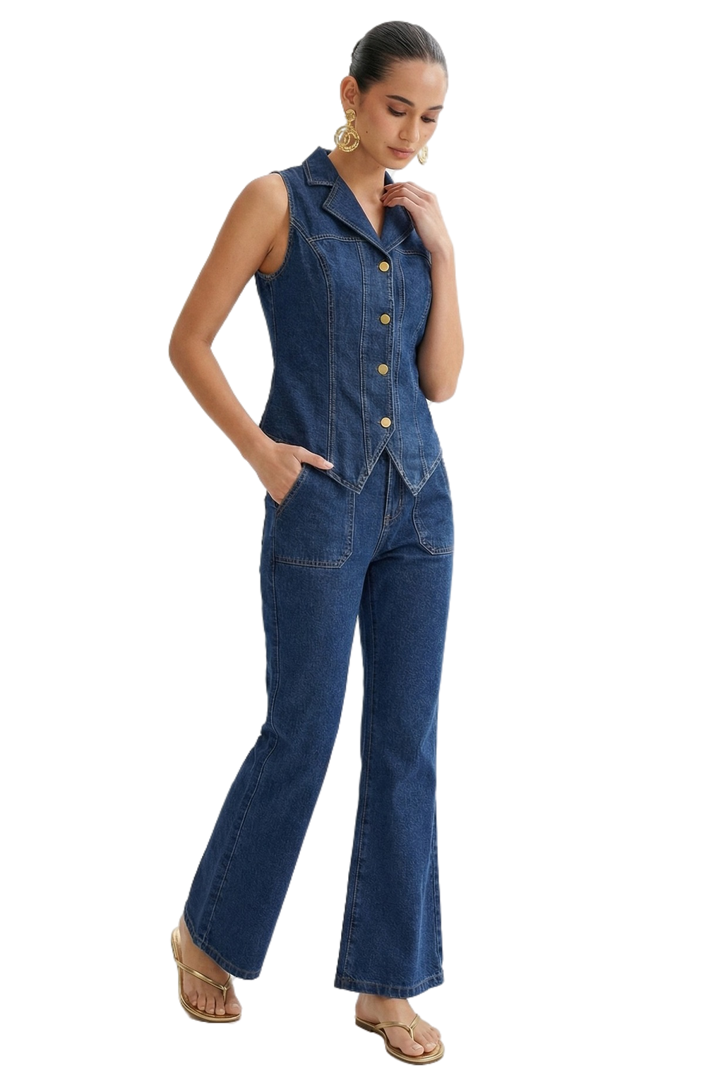 WOMEN FASHION DENIM TWO PIECE VEST AND JEANS SET