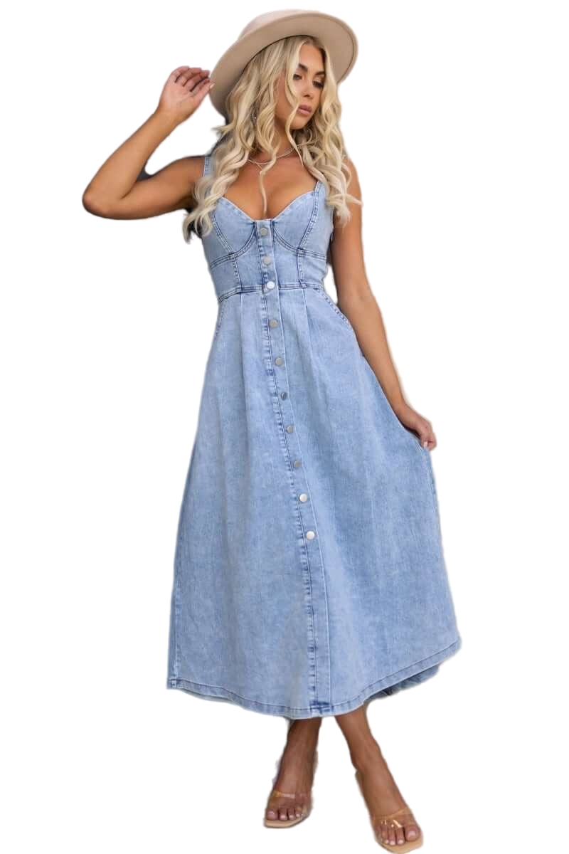 WOMEN FASHION BELTED BUSTIER DENIM LONG MAXI DRESS