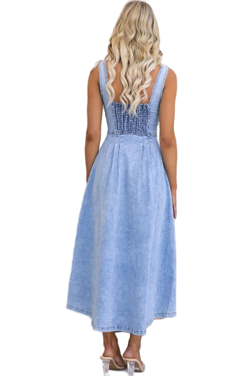 WOMEN FASHION BELTED BUSTIER DENIM LONG MAXI DRESS