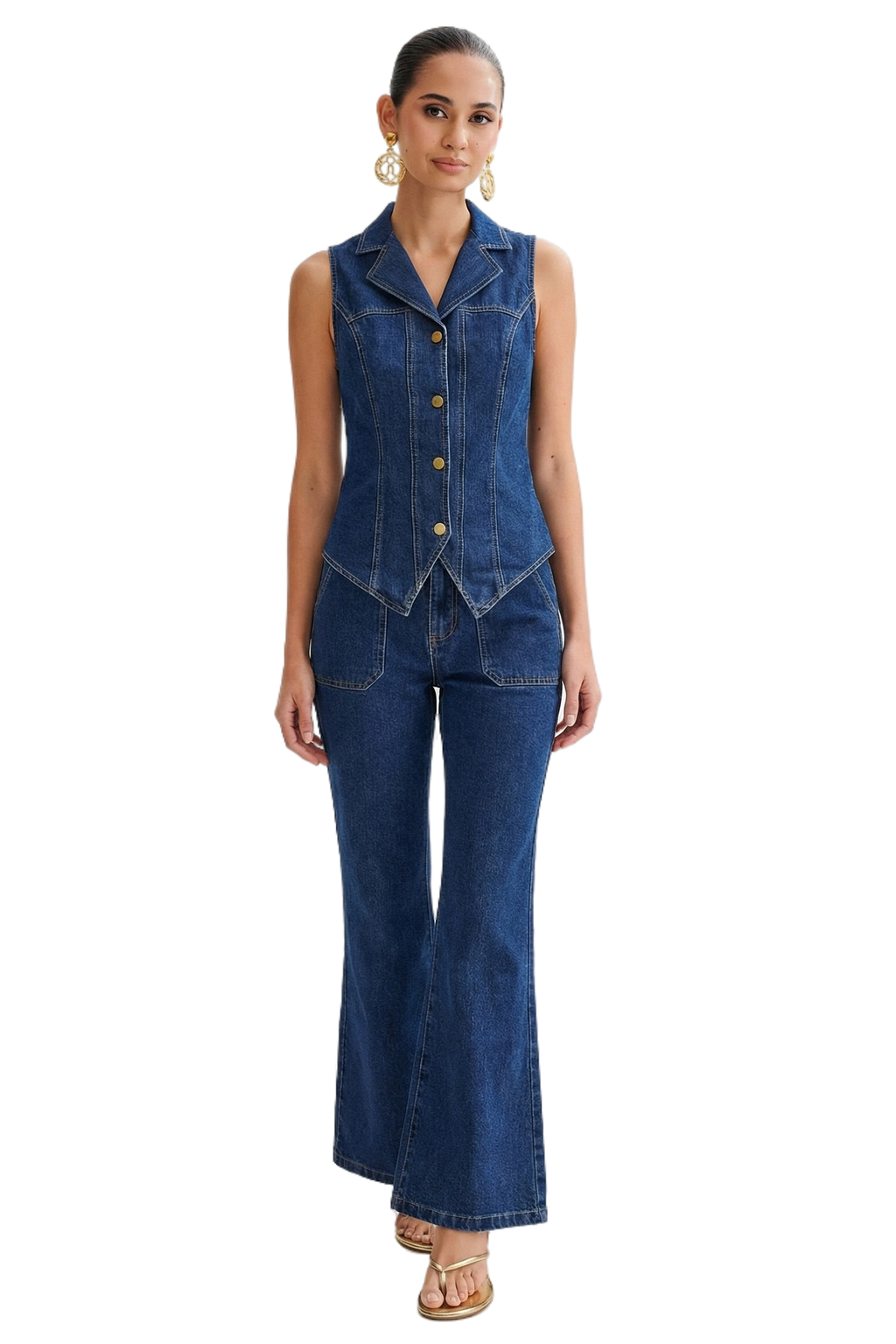 WOMEN FASHION DENIM TWO PIECE VEST AND JEANS SET