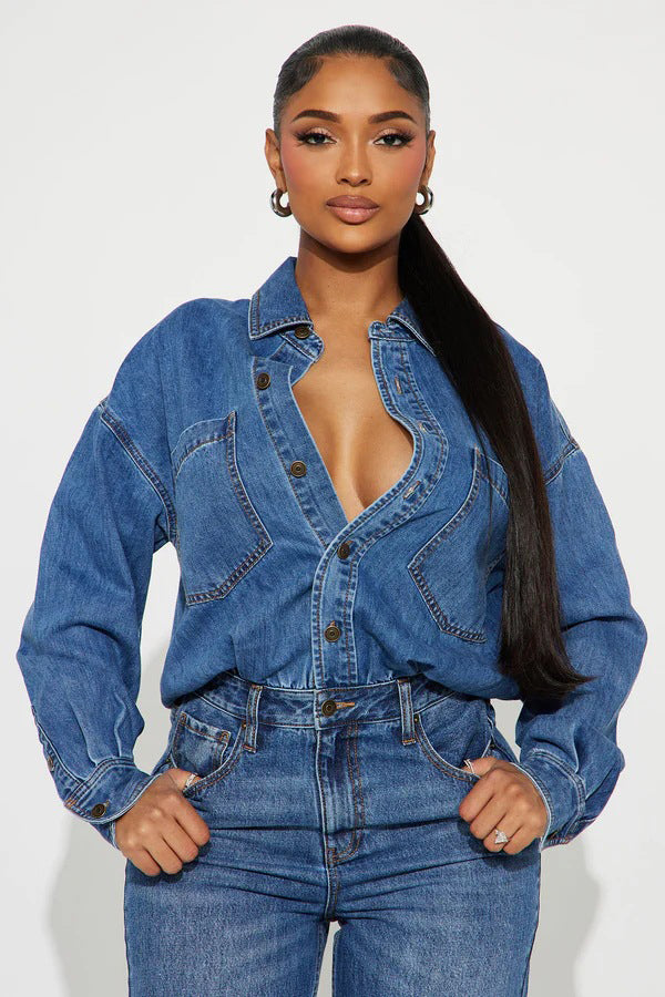 WOMEN FASHION DENIM LONG SLEEVES JUMPSUIT