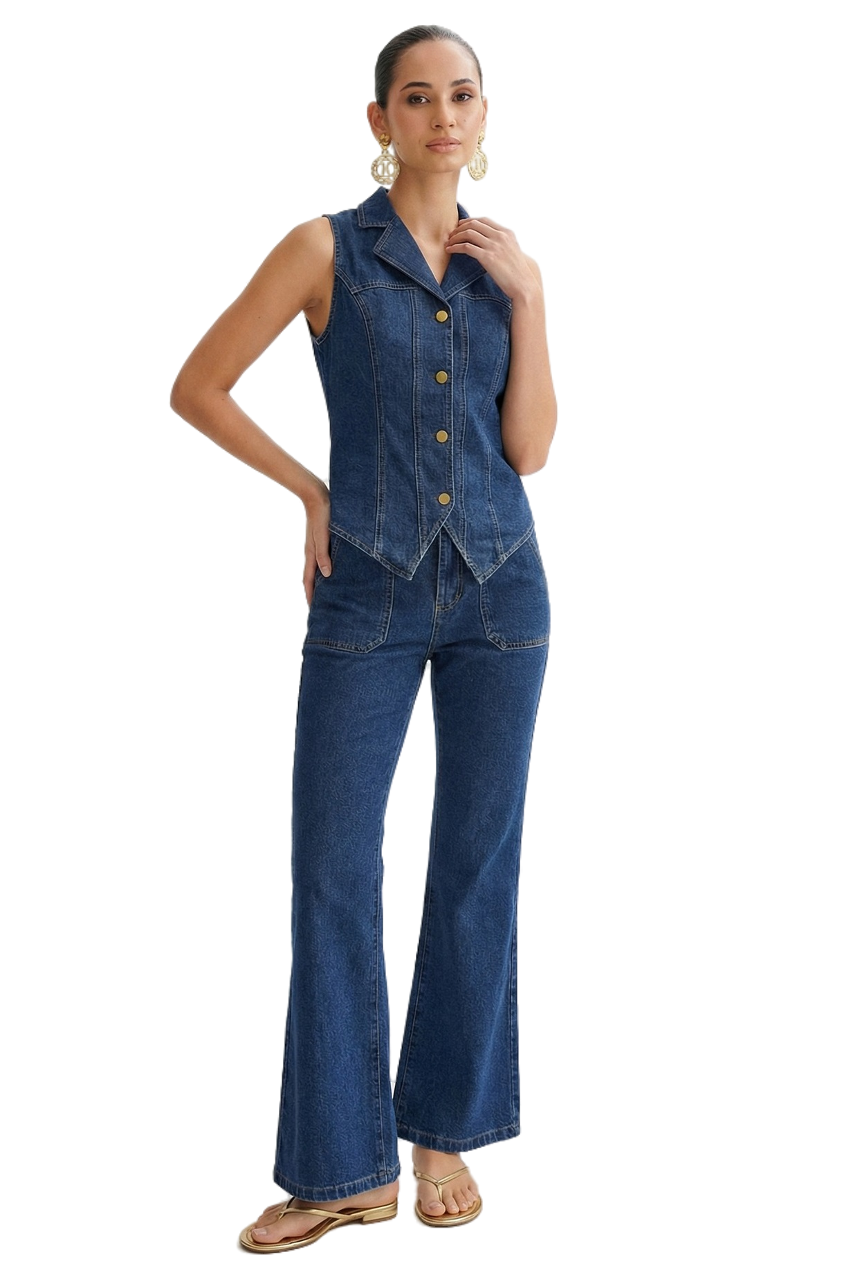 WOMEN FASHION DENIM TWO PIECE VEST AND JEANS SET