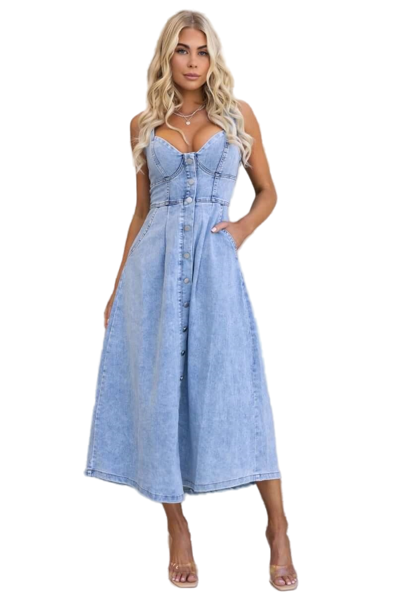 WOMEN FASHION BELTED BUSTIER DENIM LONG MAXI DRESS