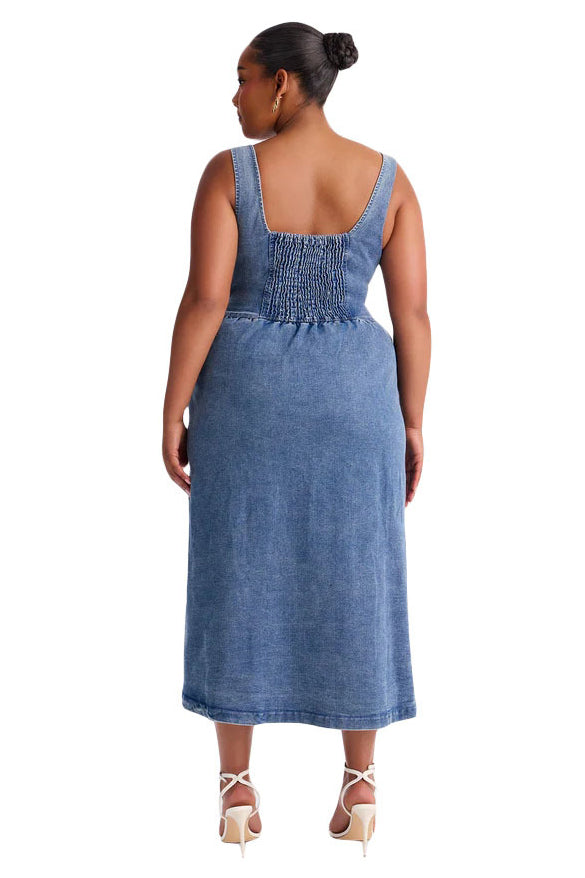WOMEN FASHION SLEEVELESS DENIM MIDI DRESS