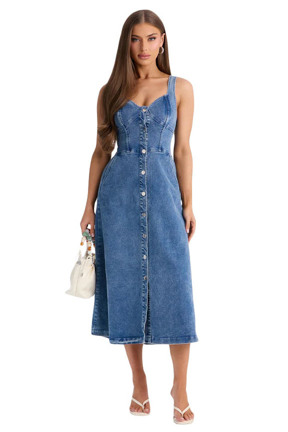 WOMEN FASHION SLEEVELESS DENIM MIDI DRESS