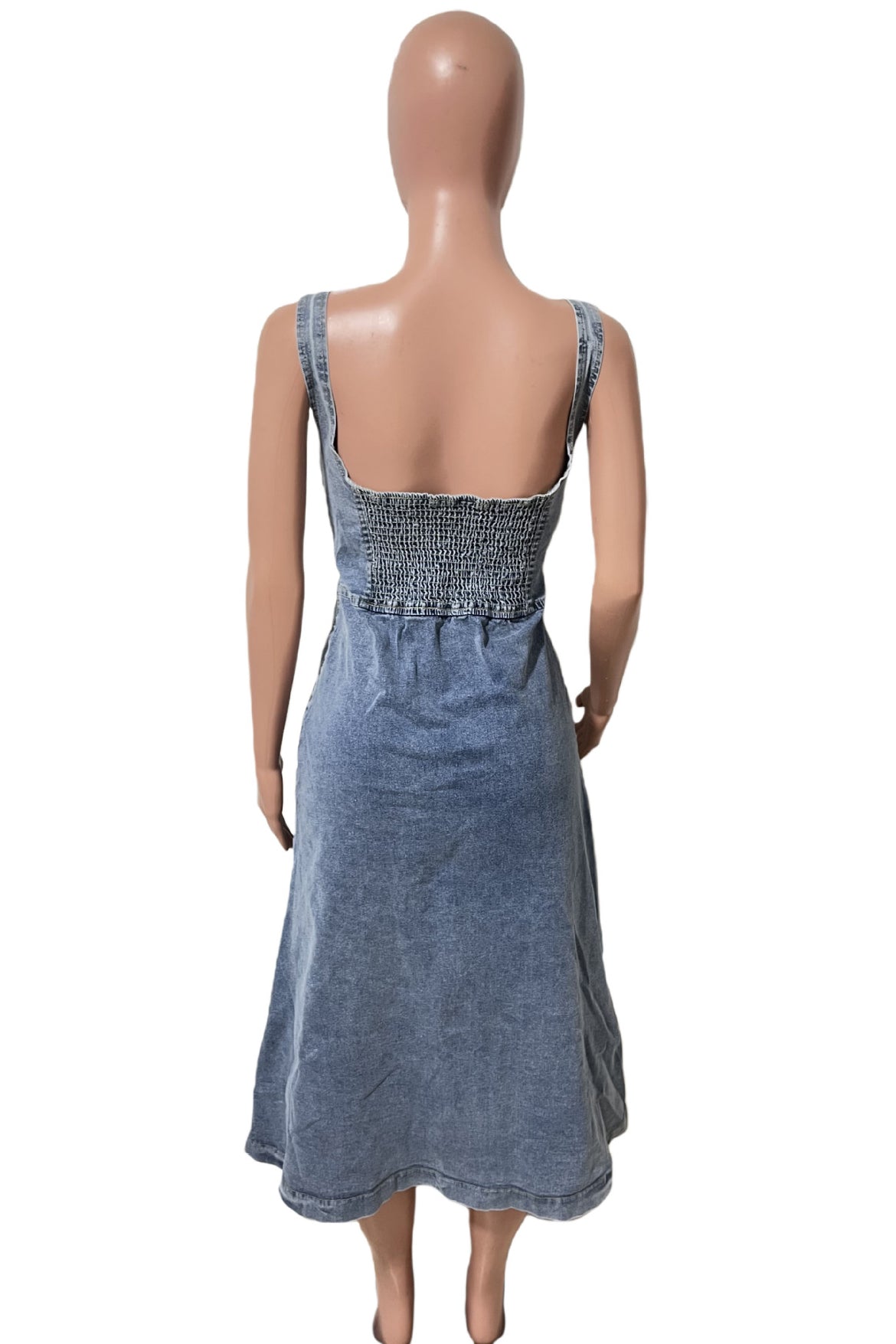 WOMEN FASHION SLEEVELESS DENIM MIDI DRESS