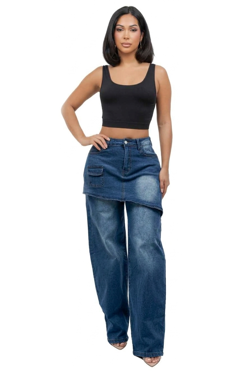 WOMEN FASHION OVERSKIRT DENIM WIDE LEG JEANS