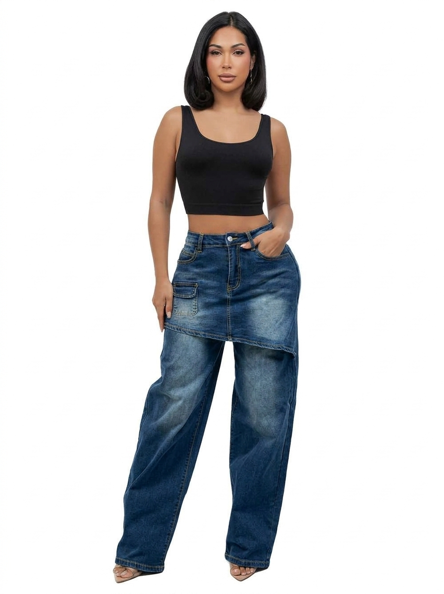 WOMEN FASHION OVERSKIRT DENIM WIDE LEG JEANS